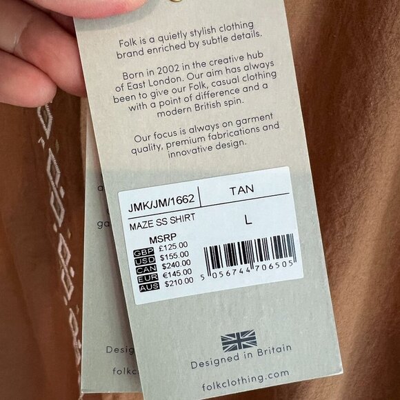 Folk Men's Maze Short Sleeve Chain Stitch Embroidery Shirt LARGE Tan Linen Blend - Picture 4 of 10